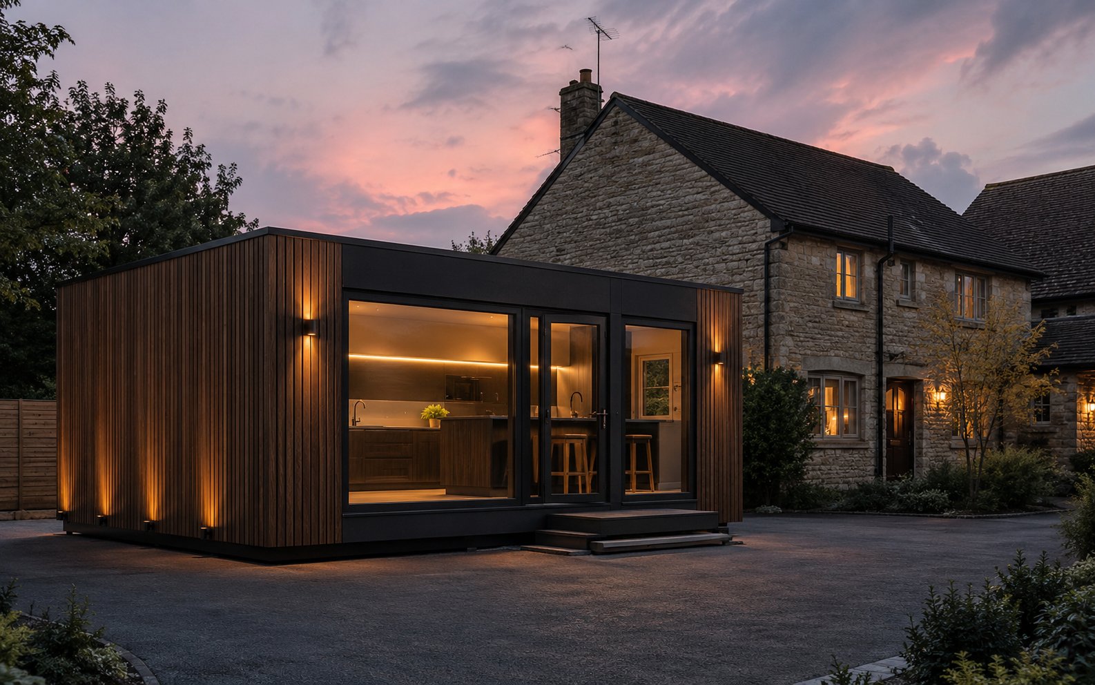 Kitchen Pod glowing at dusk on a client driveway